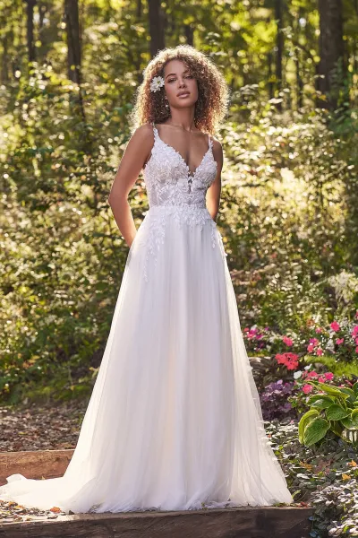 Robe de mariée trapèze avec décolleté plongeant et fleurs 3D